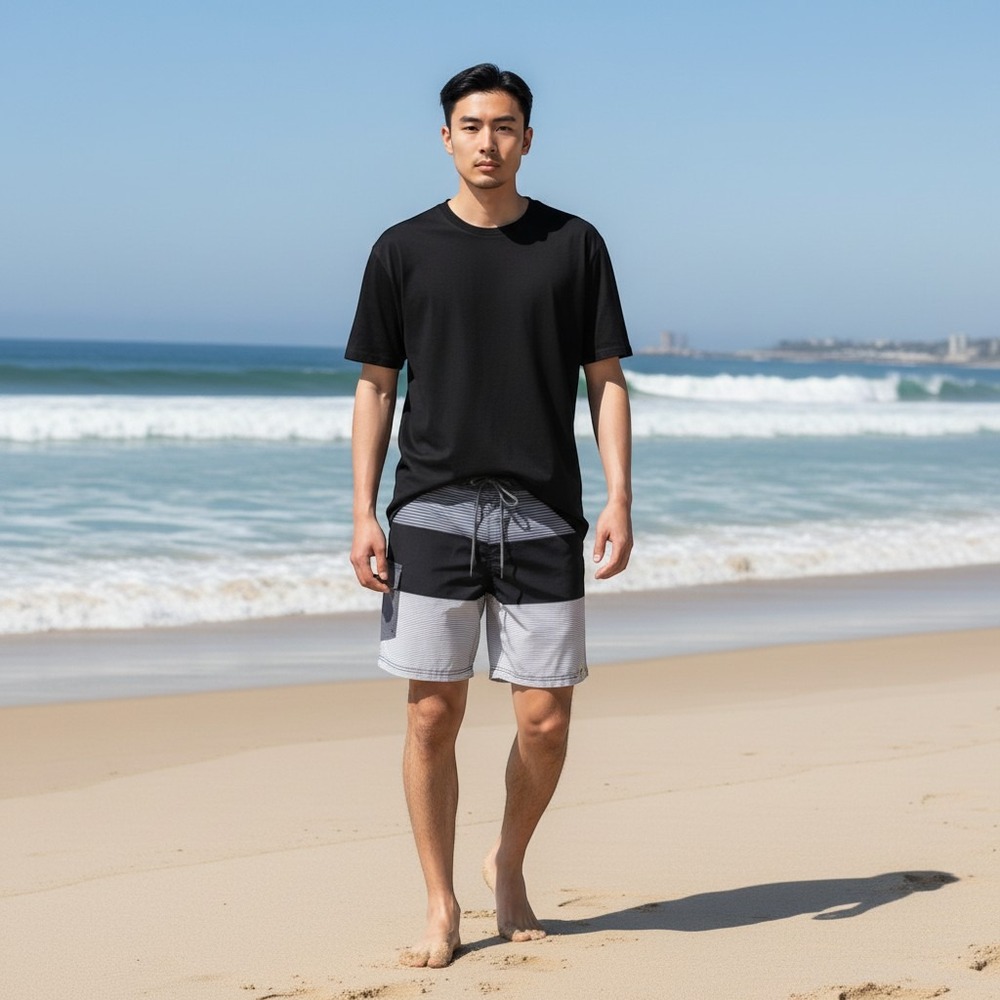 George Mens Board Shorts Grey Black Striped Colorblock Swim Trunks M 32-34 NWT